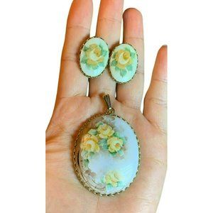 Vintage Porcelain Hand Painted  Set of Pendant and Clip On Earrings